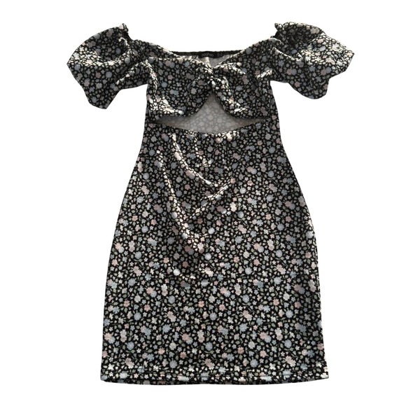 Boohoo Dresses & Skirts - Boohoo Women's Size 4 Black Pink Blue Floral Cutout Mini Dress Puff‎ Sleeve
